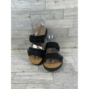 Clarks April Dusk‎ Women's 6.5M Slides Leather Sandals Black Tan Adjustable Shoe
